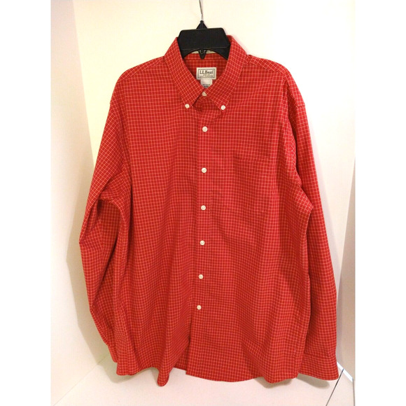 L.L. Bean Men’s M Red White Check Shirt Cotton Button Up Long Sleeve - Picture 2 of 10